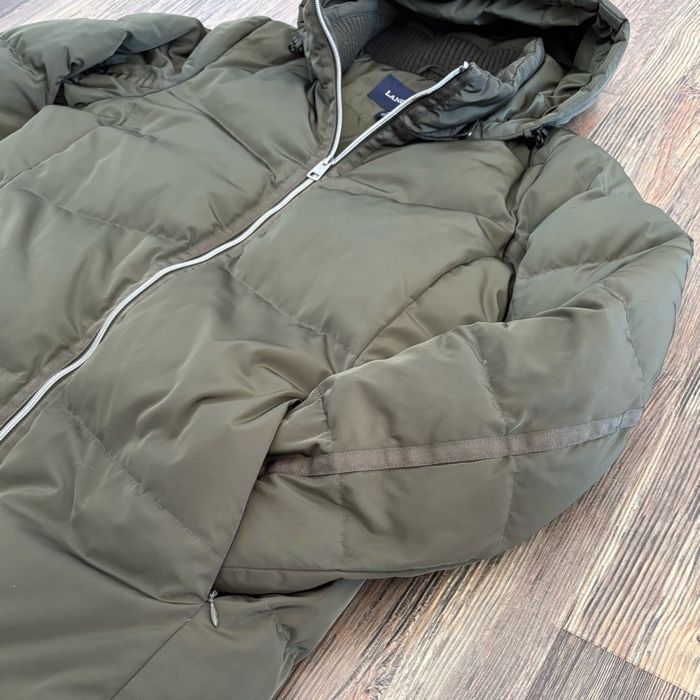 Lands’ End Hooded Quilted Down Puffer Jacket XL Olive Green 38” Long Two-Way Zip - Picture 13 of 14